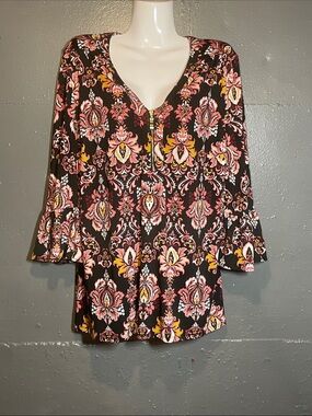 Roz & Ali Black Floral Zip V-Neck Tunic with Ruffled Sleeves